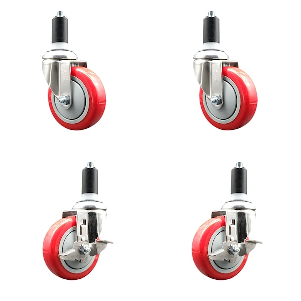 Service Caster 4 Inch 316SS Red Poly Swivel 1-3/8 Inch Expanding Stem Caster Brake SCC, 2PK SS316EX20S414-PPUB-RED-2-TLB-2-138 - main